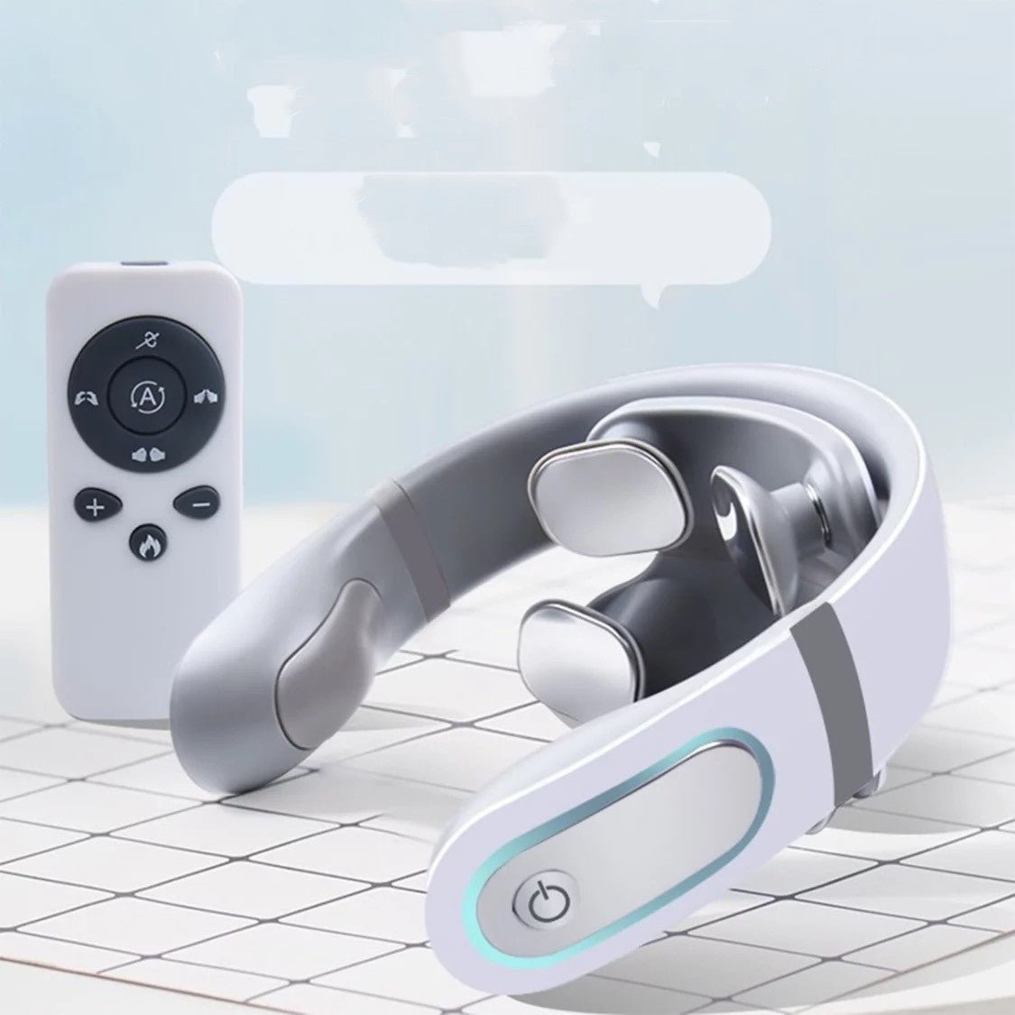 Close-up of electric neck massager showing heat function and massage nodes - Neckly™